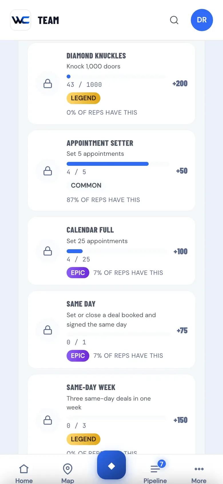 The WC App achievements list: Diamond Knuckles for 1,000 doors, Appointment Setter, Calendar Full and Same Day, each with its rarity and points