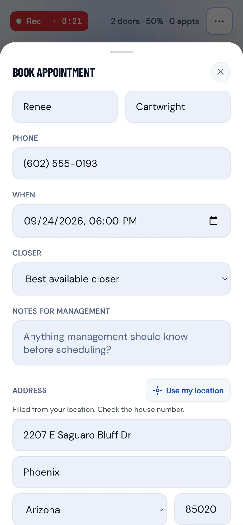 The WC App appointment form filled in at the door: customer name, phone, date and time, and the closer picker