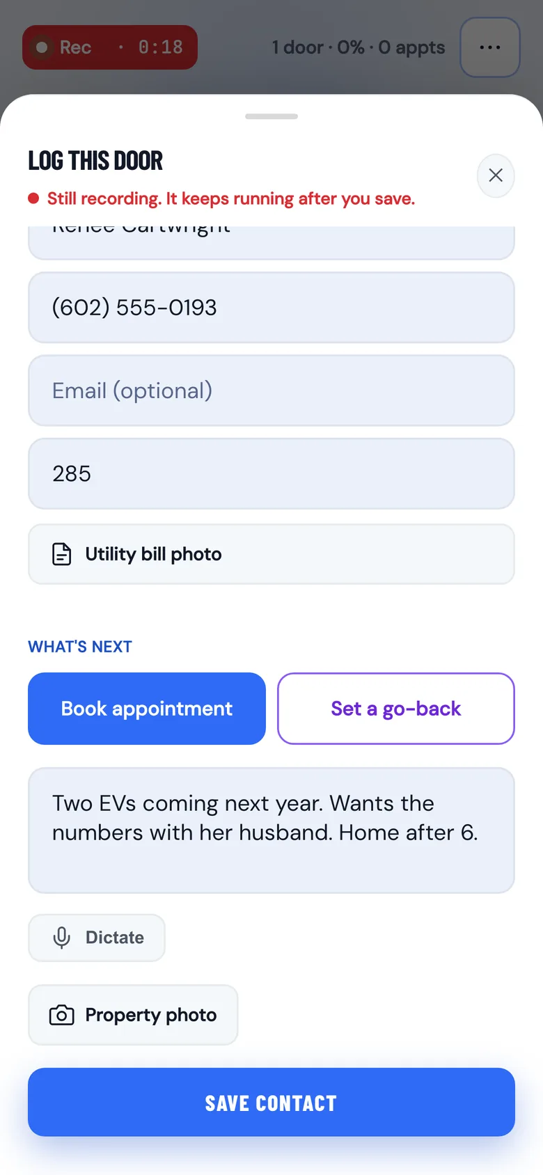 The WC App contact sheet at the door: monthly bill, a utility bill photo, notes from the conversation, and buttons to book an appointment or set a go-back