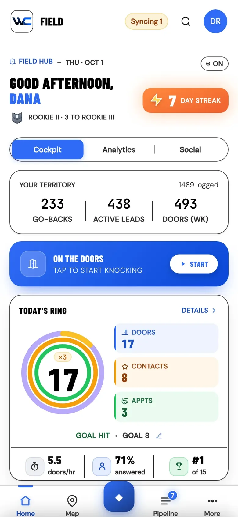 The WC App home screen in high contrast, every panel outlined