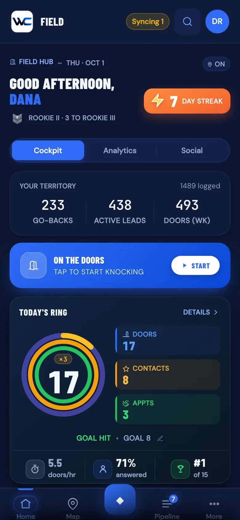 The WC App home screen in dark mode