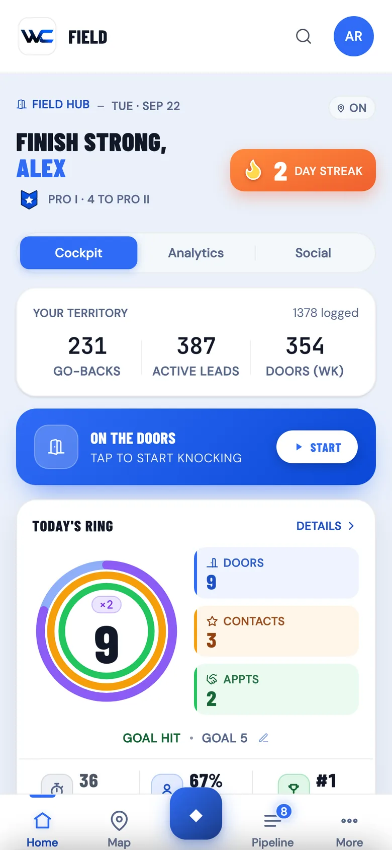 The WC App home screen for a setter: today's ring with doors, contacts and appointments, and the On the Doors start button