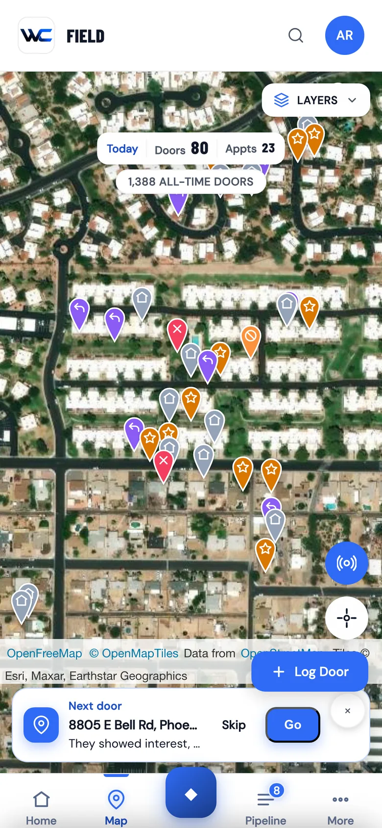 The WC App territory map with door pins colored by outcome and a rep's live position