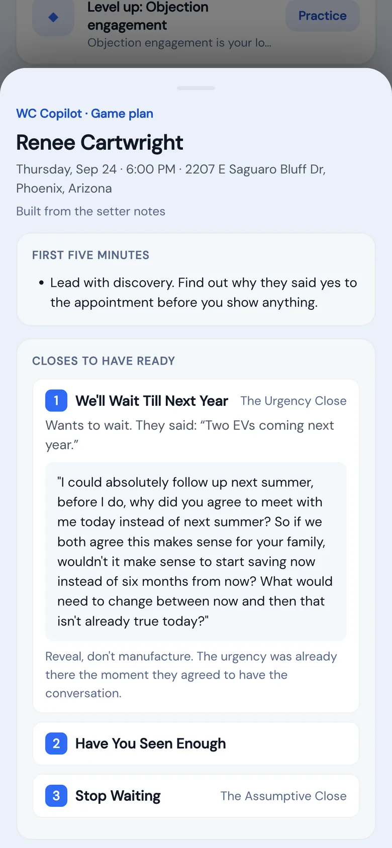 The WC App game plan for an appointment: the first five minutes, closes to have ready with the homeowner's own words, and what to find out before numbers