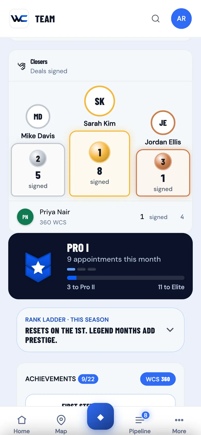The WC App leaderboard podium for closers by deals signed, with a Pro I rank card showing nine appointments this month and three to go to Pro II