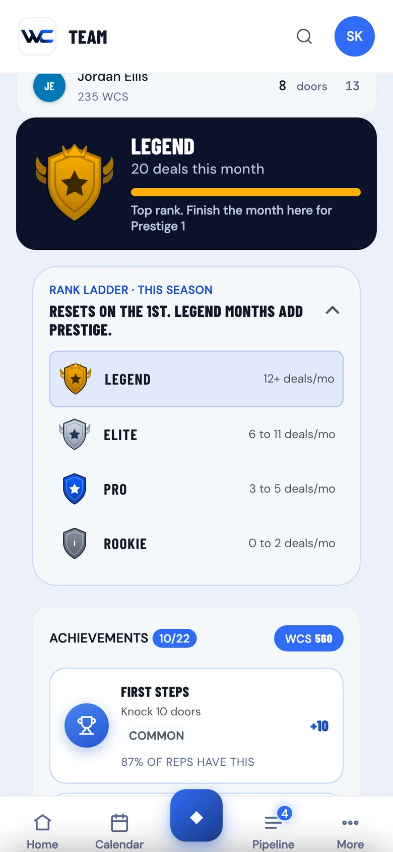 The WC App rank card showing Legend at 20 deals this month, above the rank ladder: Legend, Elite, Pro and Rookie with the deals each takes
