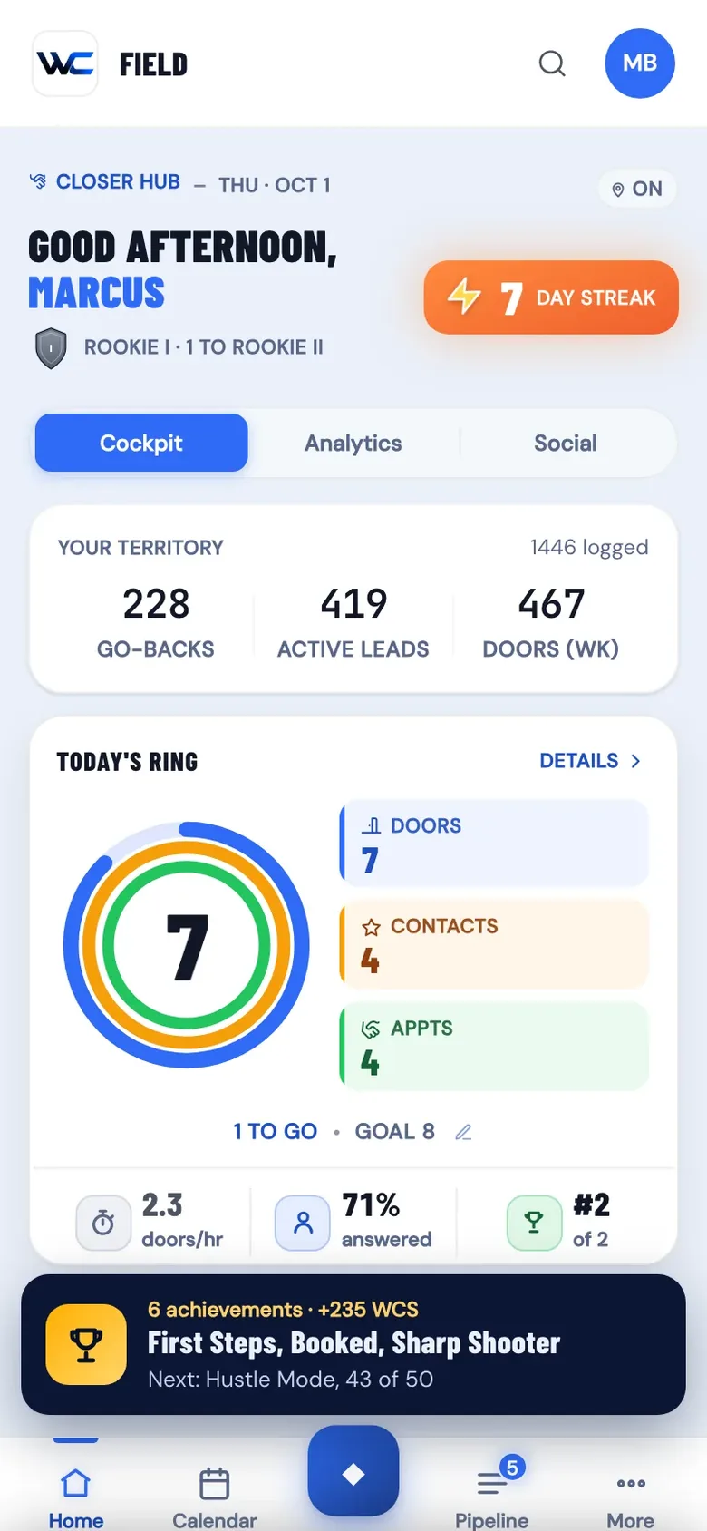 The WC App home screen with a seven day streak badge and a notice that six achievements were just earned