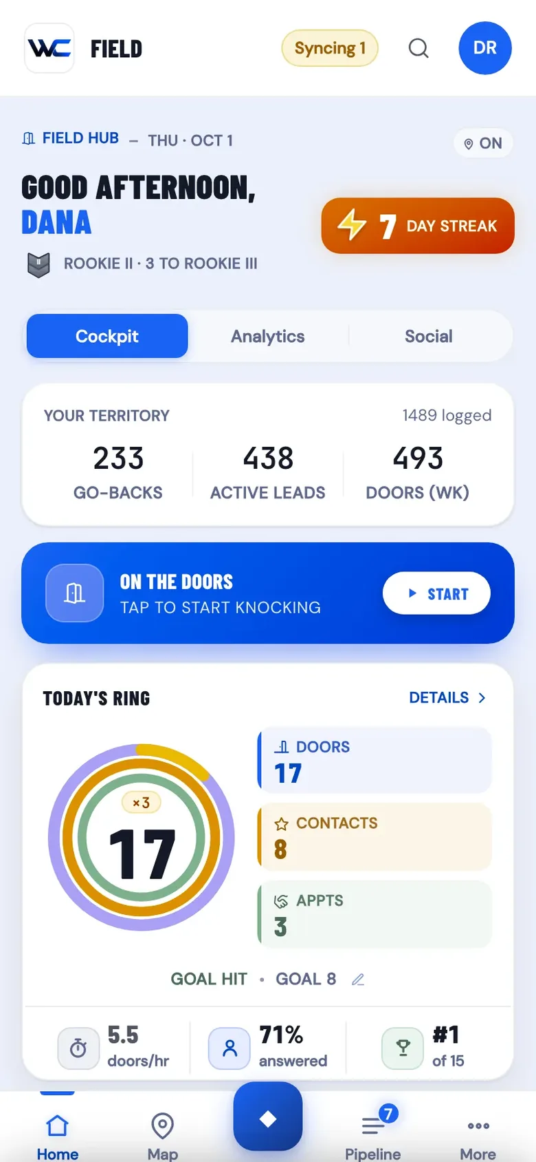 The WC App home screen in a color vision mode, with the ring and the streak badge recolored