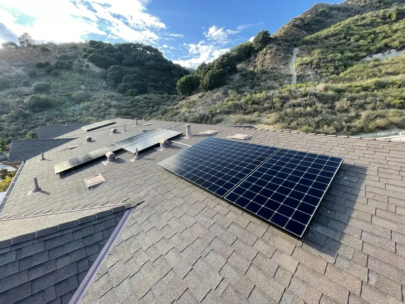 A completed rooftop solar install on a California home