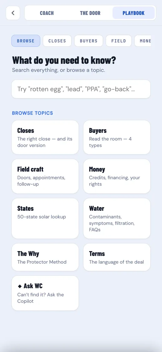 The WC App playbook, browse by topic